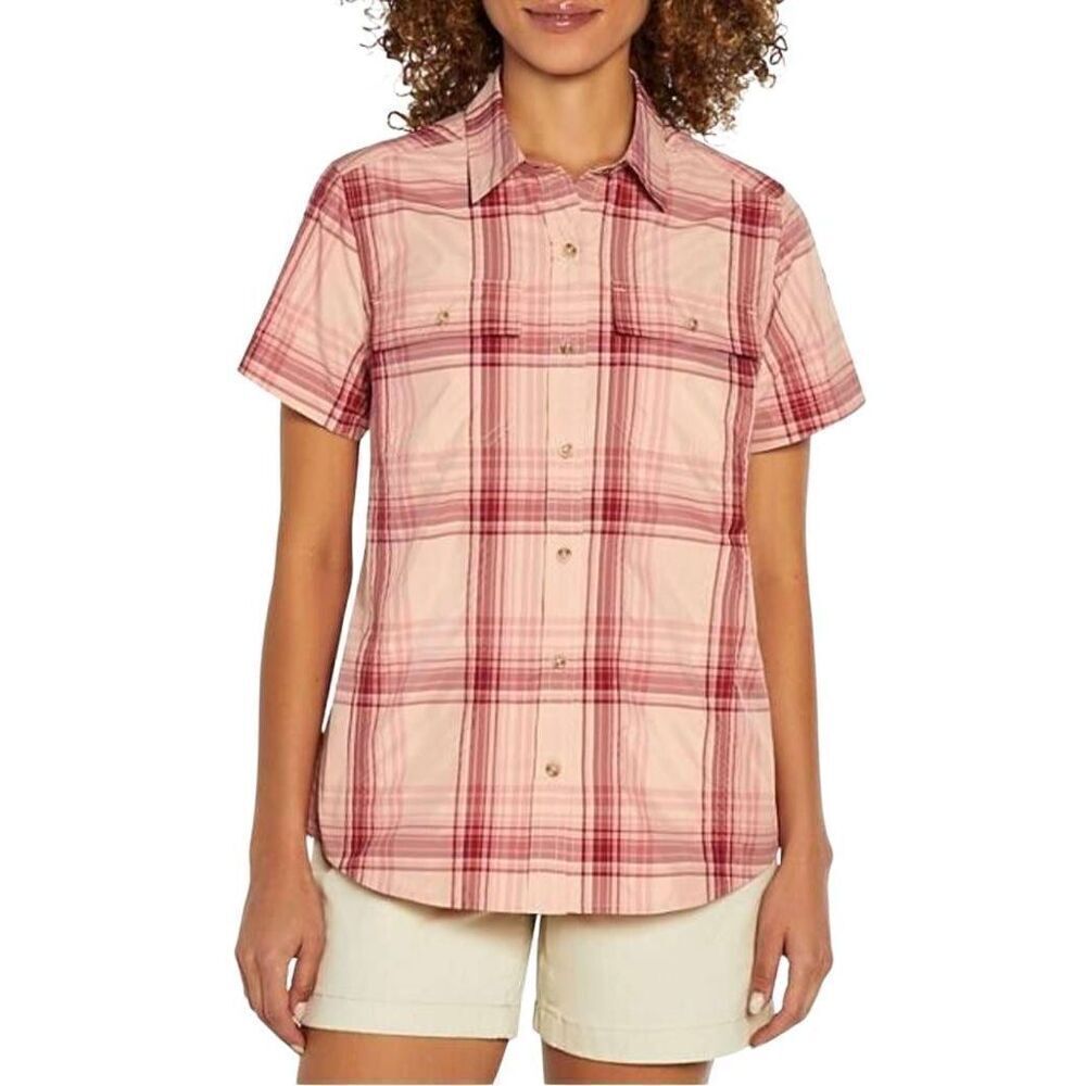 Eddie Bauer Women's Pink Poly/Nylon Plaid Short Sleeve Button Down Adventure Shi